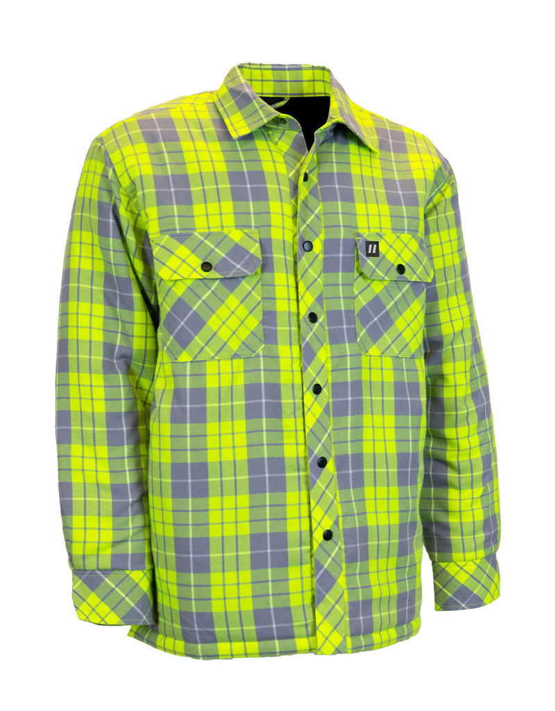 FORCEFIELD Men's Hi-Vis Lime Plaid Quilted Flannel Shirt Jacket with Reflective Striping