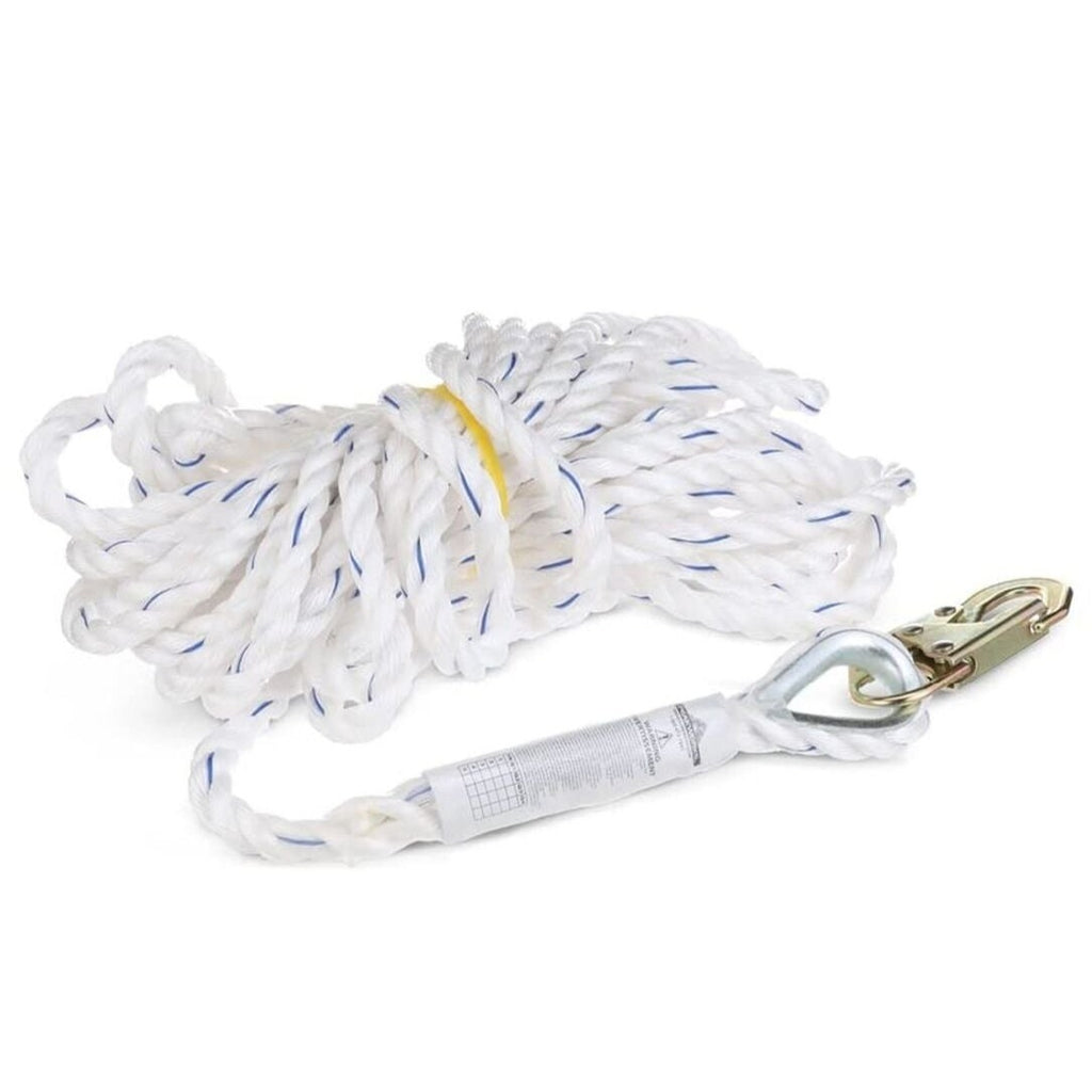 FallTech 81505 Vertical Lifeline, Rope - 5/8 Premium Polyester Rope with 1  Snap Hook and Braid-End, 150', White/Blue